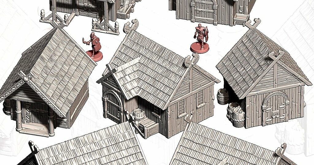 Pack Village Milieu-Terre - 7 bâtiments fantasy imprimés en 3D pour LOTR et D&D