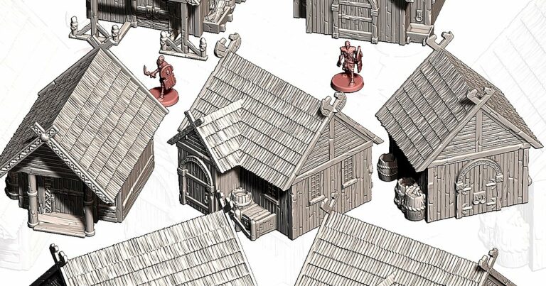 Pack Village Milieu-Terre - 7 bâtiments fantasy imprimés en 3D pour LOTR et D&D